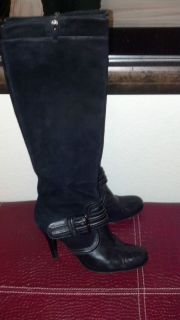 Kalliste Black Italian Leather Suede Stilletto Heel Buckle Boots Sz 9