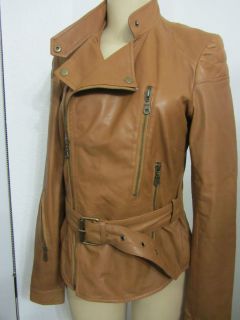 New Kenna T Brown Leather Jacket Asymetrical Collar Coat Motorcycle $