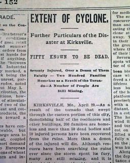 1899 Old Newspaper Kirksville MO Missouri Adair County Tornado Cyclone