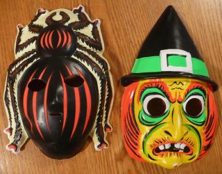 Vtg 60s USA Halloween Costume Masks Witch + Glow in the Dark Spider