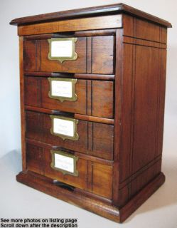 Walnut Wood 4 Drawer File Cabinet c1890 w Brass Label Holders
