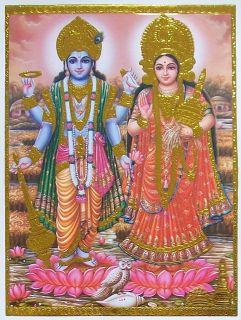 Lord Vishnu Laxmi Lakshmi Maa Golden Foil Poster Size 5x7 VL01