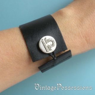 Black Leather Cuff Bracelet Libra Rhinestone Button Vintage New Stock