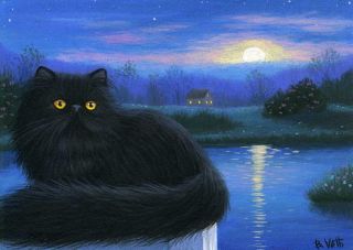 Black Persian Cat Evening Lake House Moon Limited Edition ACEO Print