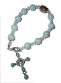 Larimar Round Beads Silver Prayer Rosary Cross Bracelet