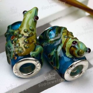 Blue Lampwork Frog Large Hole Beads Fit Charm 5pc