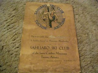 Sahuaro Ski Club Membership Certificate Mount Lemmon Interest