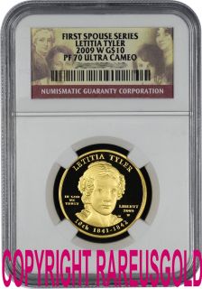2009 Letitia Tyler $10 NGC PF 70 First Spouse Proof Gold Coin Graded
