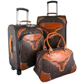 West Coffee Longhorn Rhinestone Suitcase Luggage Set Duffle Bag