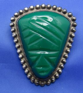 Vintage Mexican Sterling Silver Green Stone Mask Pin Mexico 925