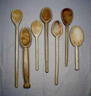 Lot of Seven Vintage Primitive Wooden Spoons Country Kitchen Utensils