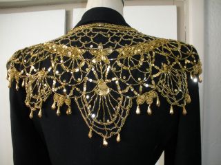 New hand beaded gold black shawl capelet collar scarf cape throw nwot