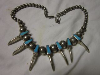 Old Am Indian Silver Turquoise Bear Claw Big Necklace