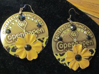 flower Copenhagen snuff lid earrings hand made with bling cowgirl love