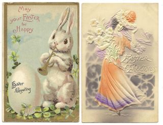Lot 2 Vintage Easter Postcards Bunny Rabbit Playing Bugle Pretty Lady