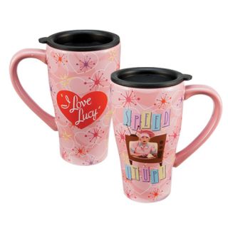 LUCY Large Ceramic TRAVEL Coffee MUG Cup Chocolate Factory Speed it up