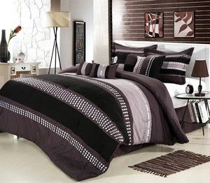 8PC Luxury Bedding Set Castle Rock Purple Black Beige Comforter Bed in