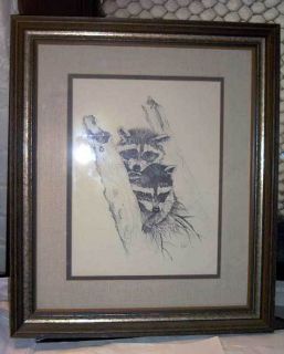 Margaret M Michel Framed Original Watercolor Raccoons
