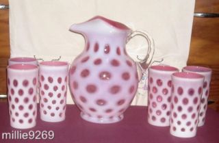 Amazing Fenton Cranberry Opalescent Coin Dot Water Set w 6 Tumblers
