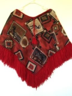 Red Indian Themed Fleece Poncho with Tassels and Trim One Size Fits