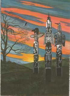 Painting RYTA Illustration Art Native American Totem Pole Tree