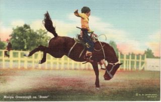 Western Rodeo Cowgirl Margie Greenough on Horse Boxer Linen Postcard