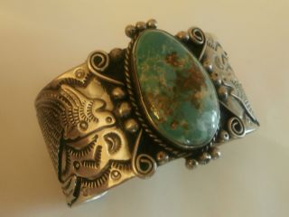 HEAVY NAVAJO AMAZING MANASSA TURQUOISE NICKLE SILVER WOLF CUFF SIGNED