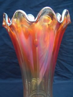 Carnival Glass Authentic Funeral Vase With N mark Marigold Orange