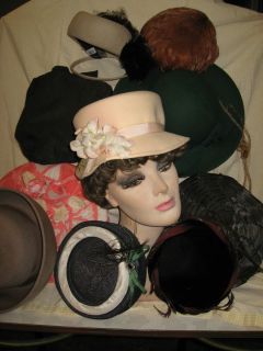 10 Ladies Vintage Hats Felt Feathers Reed Wool Velvet