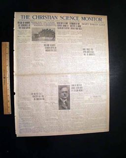 SCIENCE Monitor Old Newspaper w/ MARY BAKER EDDY Death 1st Report