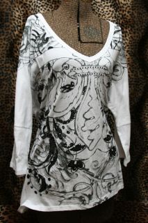 Maurices White Black Gray Scrolled Bling Print T Shirt Top 1x