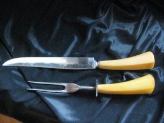 Vintage Meat Carving Knife Fork Set butterscotch yellow BAKELITE