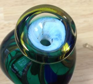 Art Glass Perfume Bottle Tri Corner Swirl Green Blue Vtg Signed