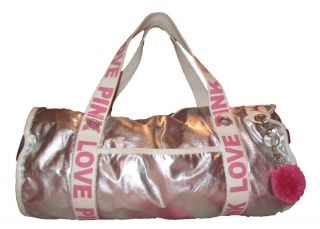 Victorias Secret Pink Silver Metallic Pom Pom Duffle Bag Travel Gym
