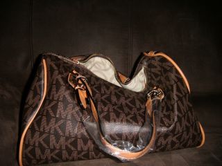 Michael Kors Womens Handbag Brown PVC Monogram Grayson Satchel Bag