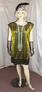 Gold Lurex Roaring 20s Flapper Costume w/ Gloves Headband and Pearls