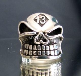 LUCKY NUMBER SILVER BIKER RING GRINING SKULL 13 GNOME MOTORBIKE CLUB