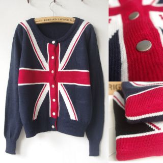 2012 Women Girl Union Jack Print Knitwear Knitted Top Cardigan Jumper