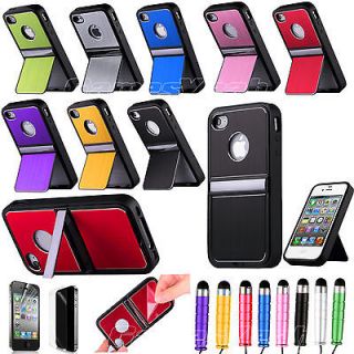 Aluminum TPU Hard Case Cover w/Chrome Stand For iPhone 4 4S+Stylus