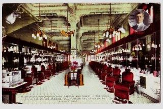 1910 BARBER SHOP Los Angeles California Postcard LARGEST & FINEST