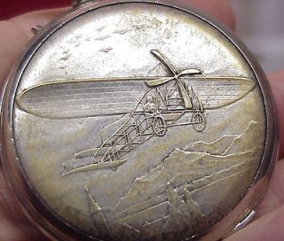 Antique Pocket Watch Case, Embossed, Very Early Airplane, c.1910