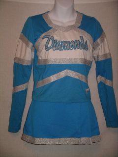 VARSITY Aqua Blue White Silver DIAMONDS Cheerleader Skirt Top Jacket