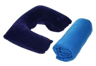 Blue Inflatable Pillow Navy Fleece Blanket Trip Travel Airplane Kit