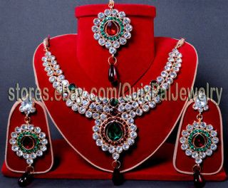 Indian Fancy Jewelry Diamond Simulant Necklace Green & Maroon   3pc