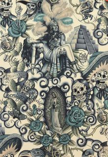 Alexander Henry Contigo mexican tattoo skull fabric FQ rockabilly 50s