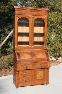 Burl Walnut Victorian Cylinder Roll Secretary Desk Bookcase ~ Ca1880