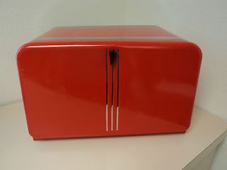 Newly listed Unique Vintage Metal Bread Box, red with chrome stripes