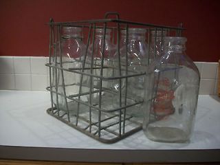 Vintage Dairy Milk Bottles with Industrial Wire Crate 6 1/2 Gallon