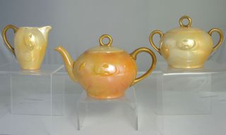 ANTIQUE PORCELAIN LUSTERWARE GOLDEN TEA SET OF 3 BAVARIA,SIGNED,MARKED