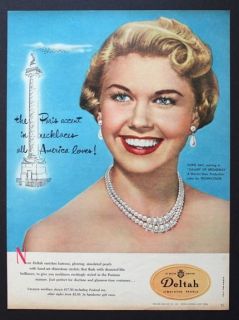 1951 Doris Day in Deltah simulated pearls Paris vintage print ad